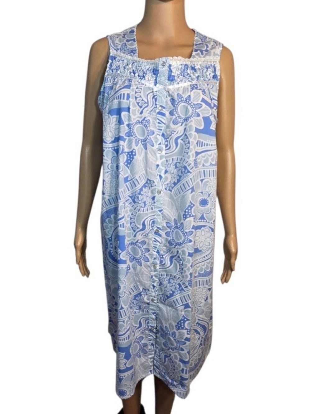 Pink K Moo Moo Dress Lightweight  Button Front Blue Floral Womens Size Medium